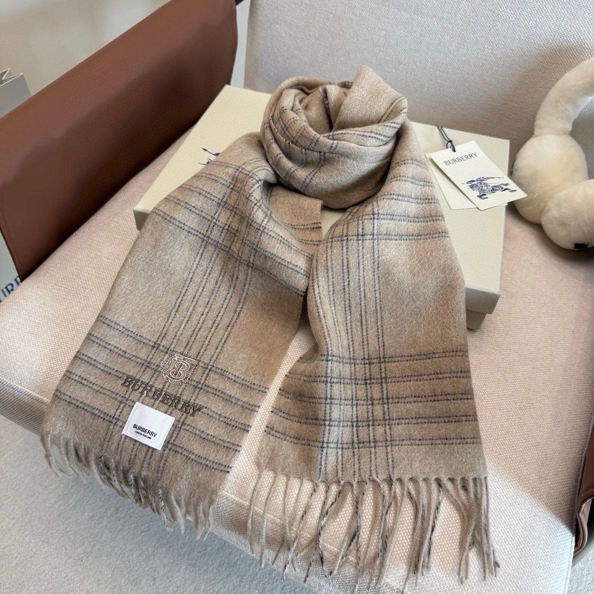 Burberry Light Blue Plaid Fringed Scarf — side