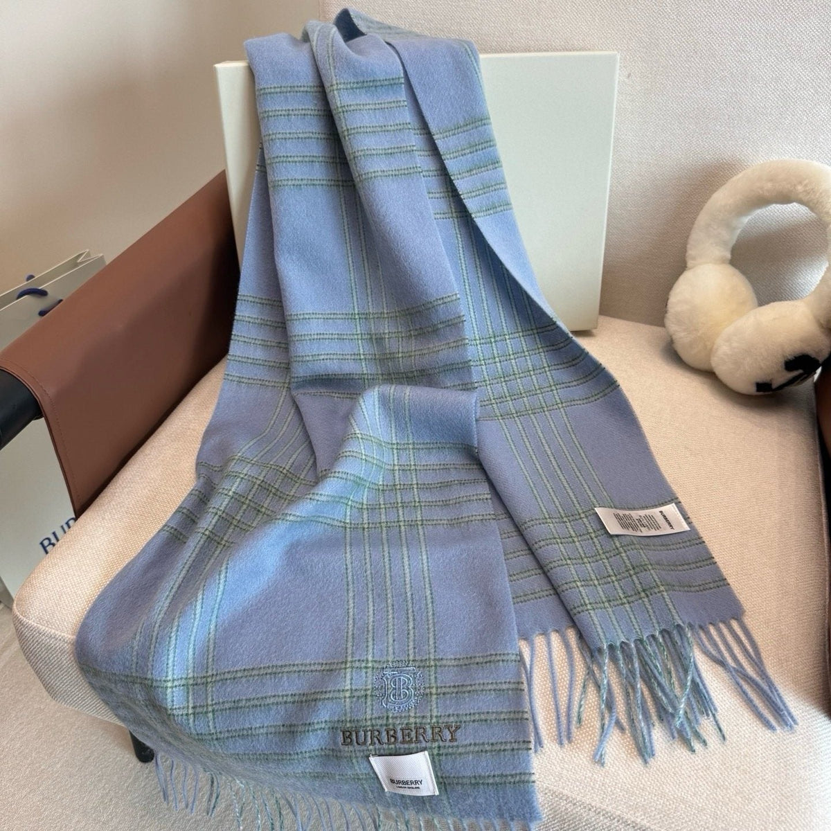 Burberry Light Blue Plaid Fringed Scarf — front