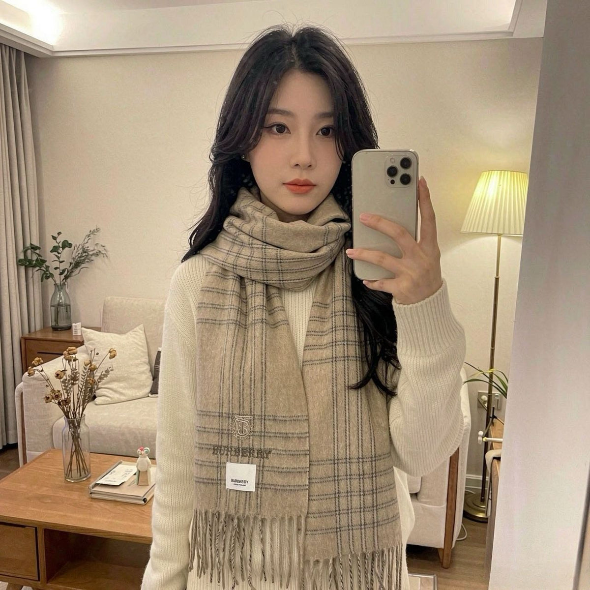 Burberry Light Blue Plaid Fringed Scarf — model