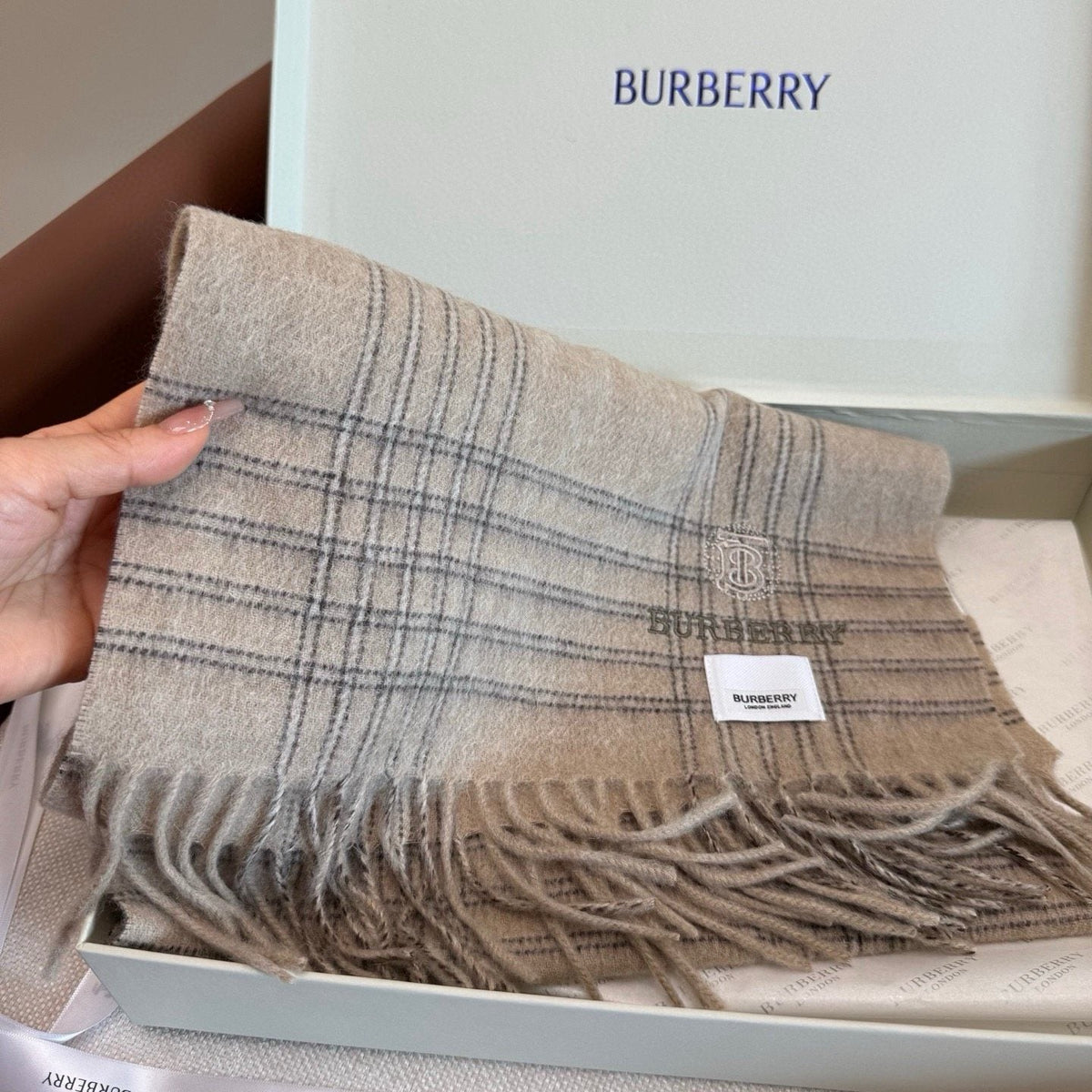 Burberry Light Blue Plaid Fringed Scarf — model