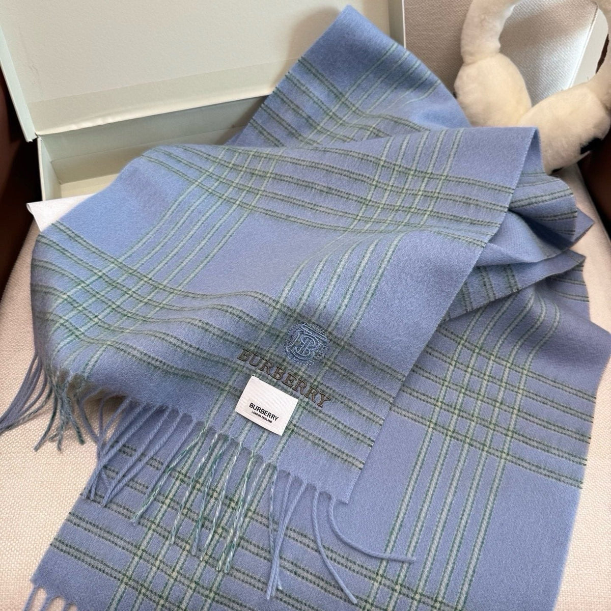 Burberry Light Blue Plaid Fringed Scarf — front