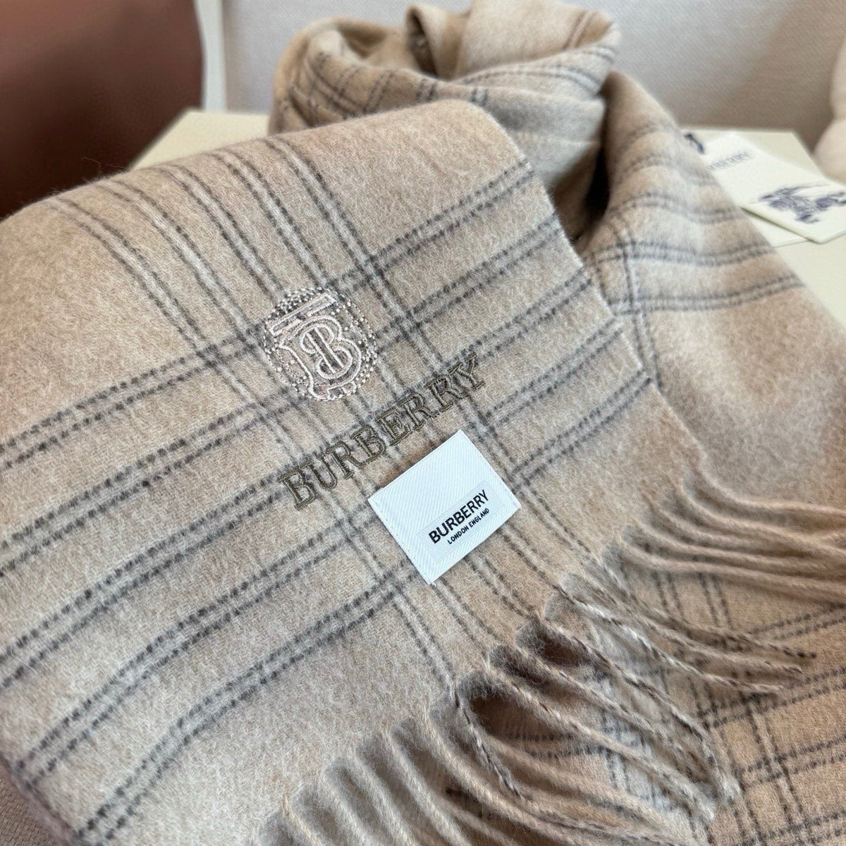 Burberry Light Blue Plaid Fringed Scarf — detail