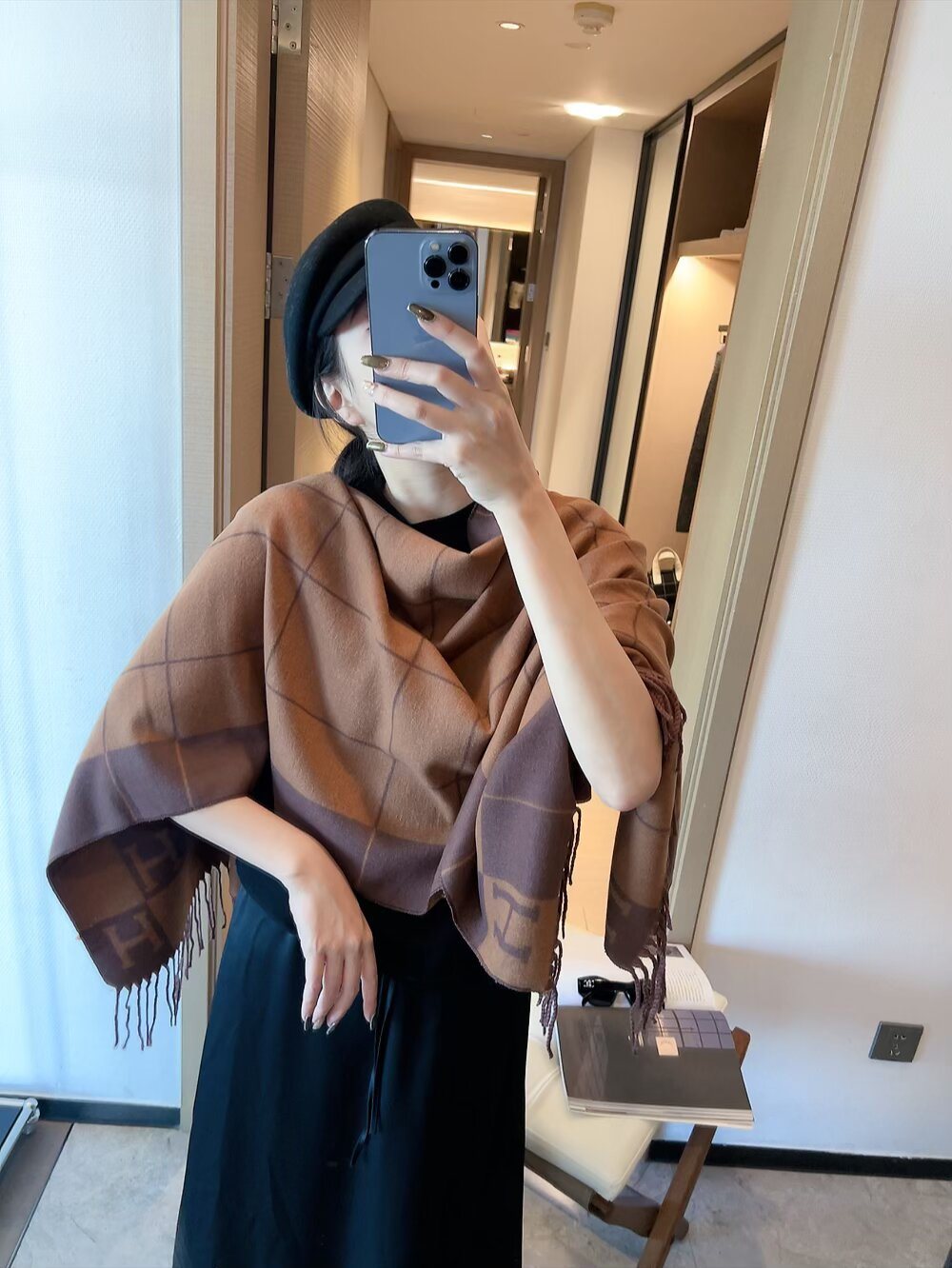Fringed Grid Motif Scarf — model