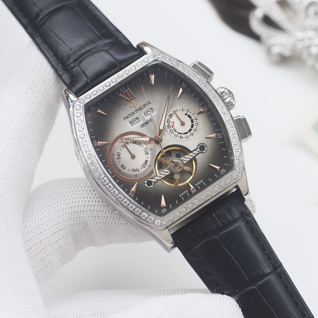 PATEK PHILIPPE Silver Black Leather Strap Watch — hero