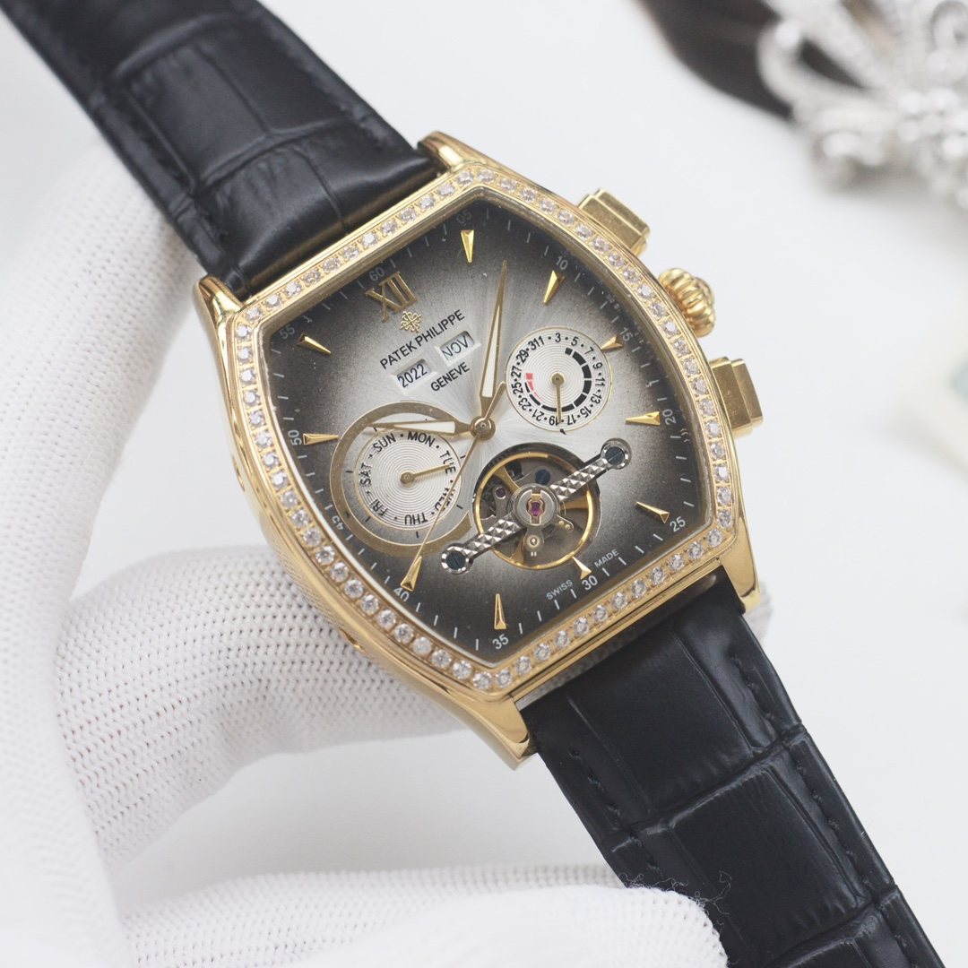PATEK PHILIPPE Gold Black Silver Dial Leather Strap Watch — front