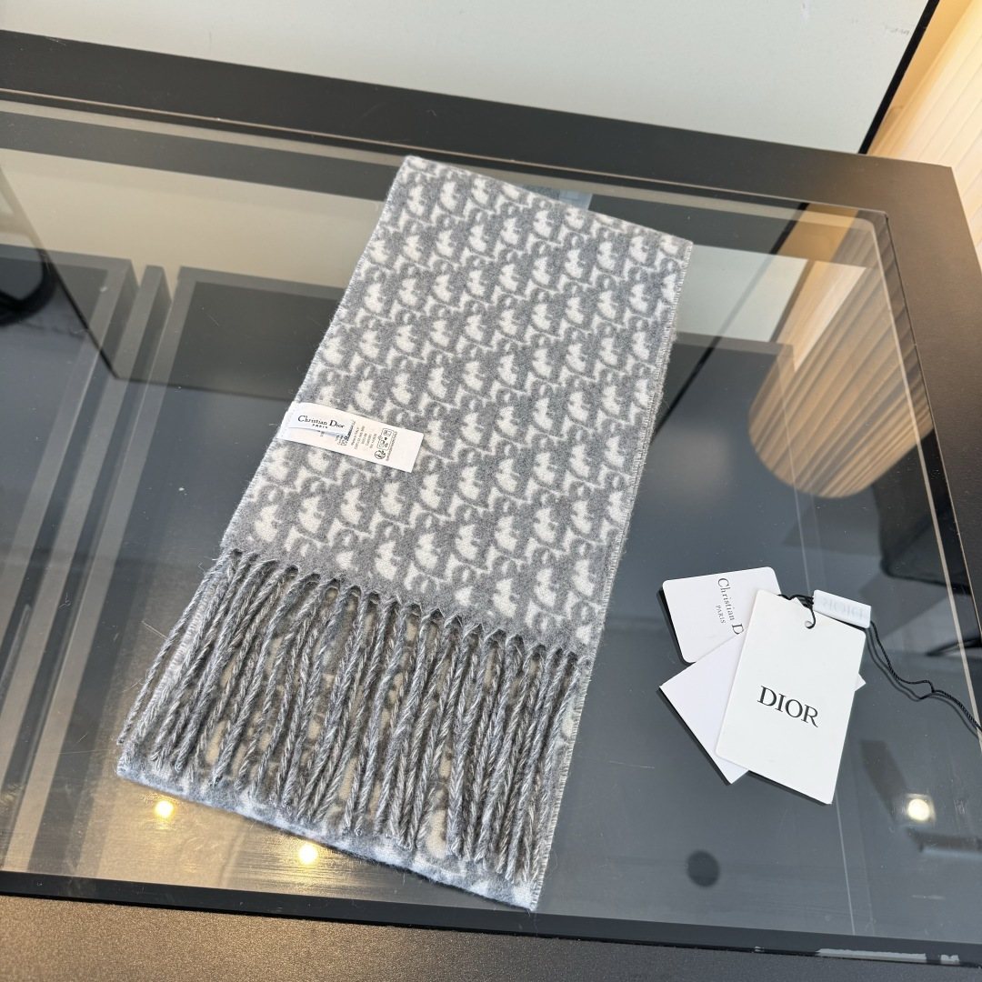 Dior Gray & Ivory Fringed Scarf — front