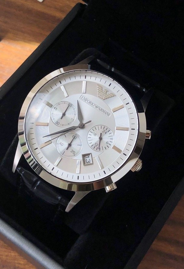 EMPORIO ARMANI Silver Black White Dial Strap Watch — front