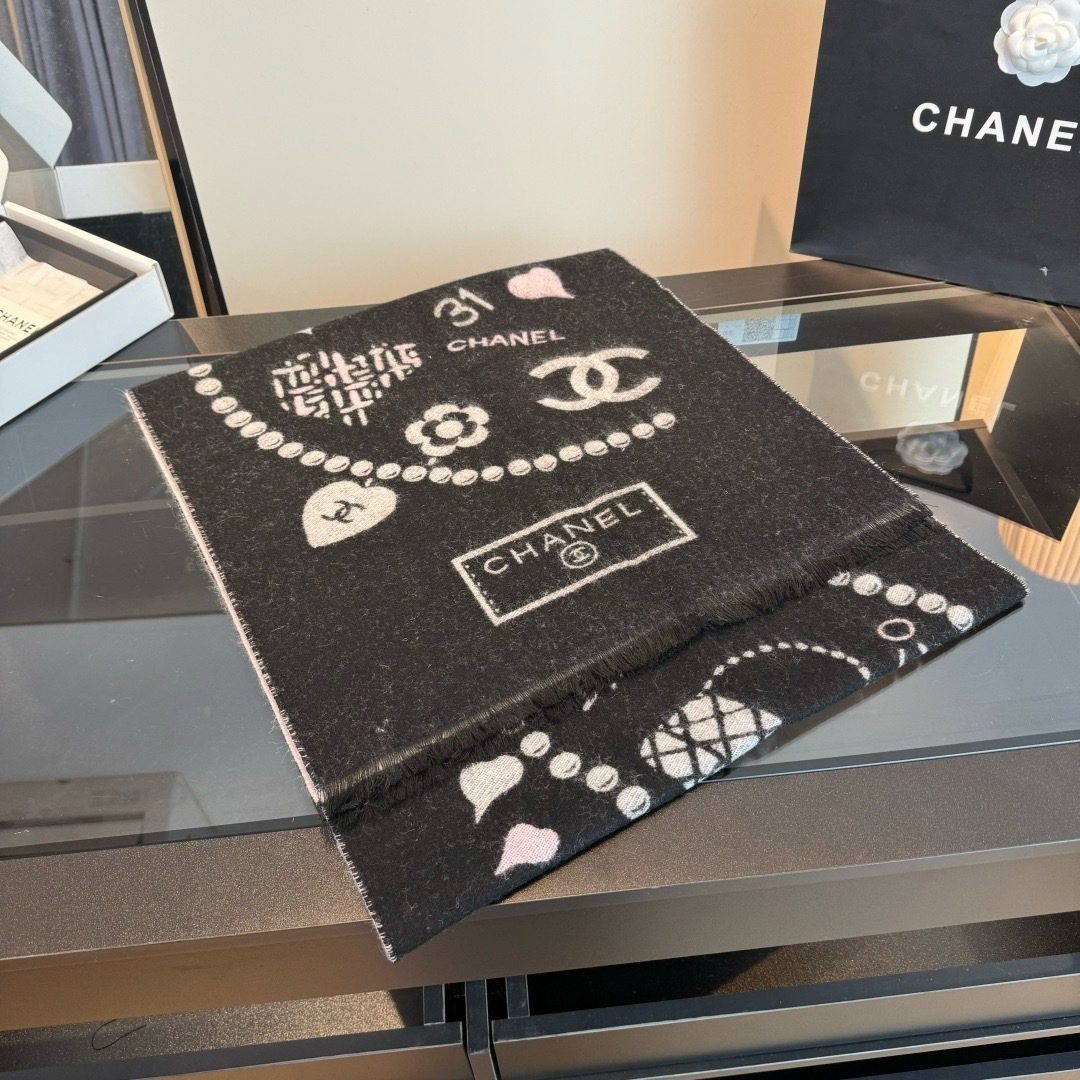 Chanel Black Pearl Motif Scarf — side