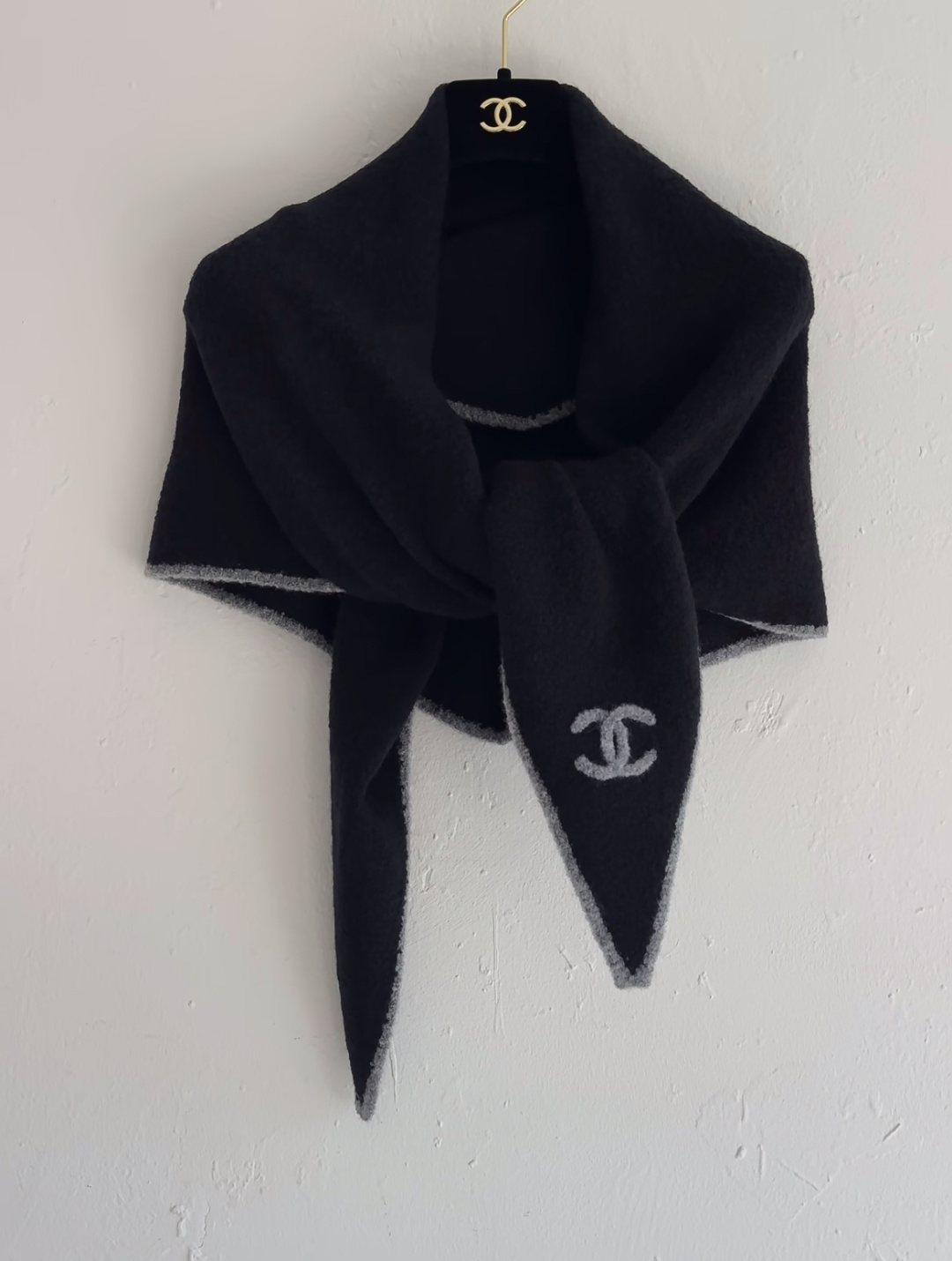 Chanel Black Ivory Trim Triangular Scarf — front