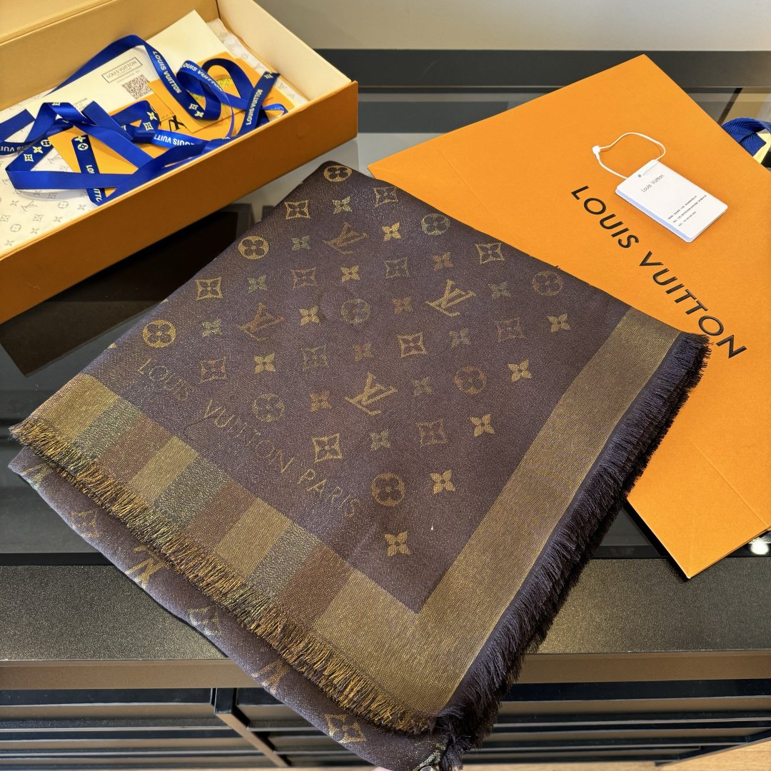 Louis Vuitton Charcoal Gold Monogram Fringed Shawl — front