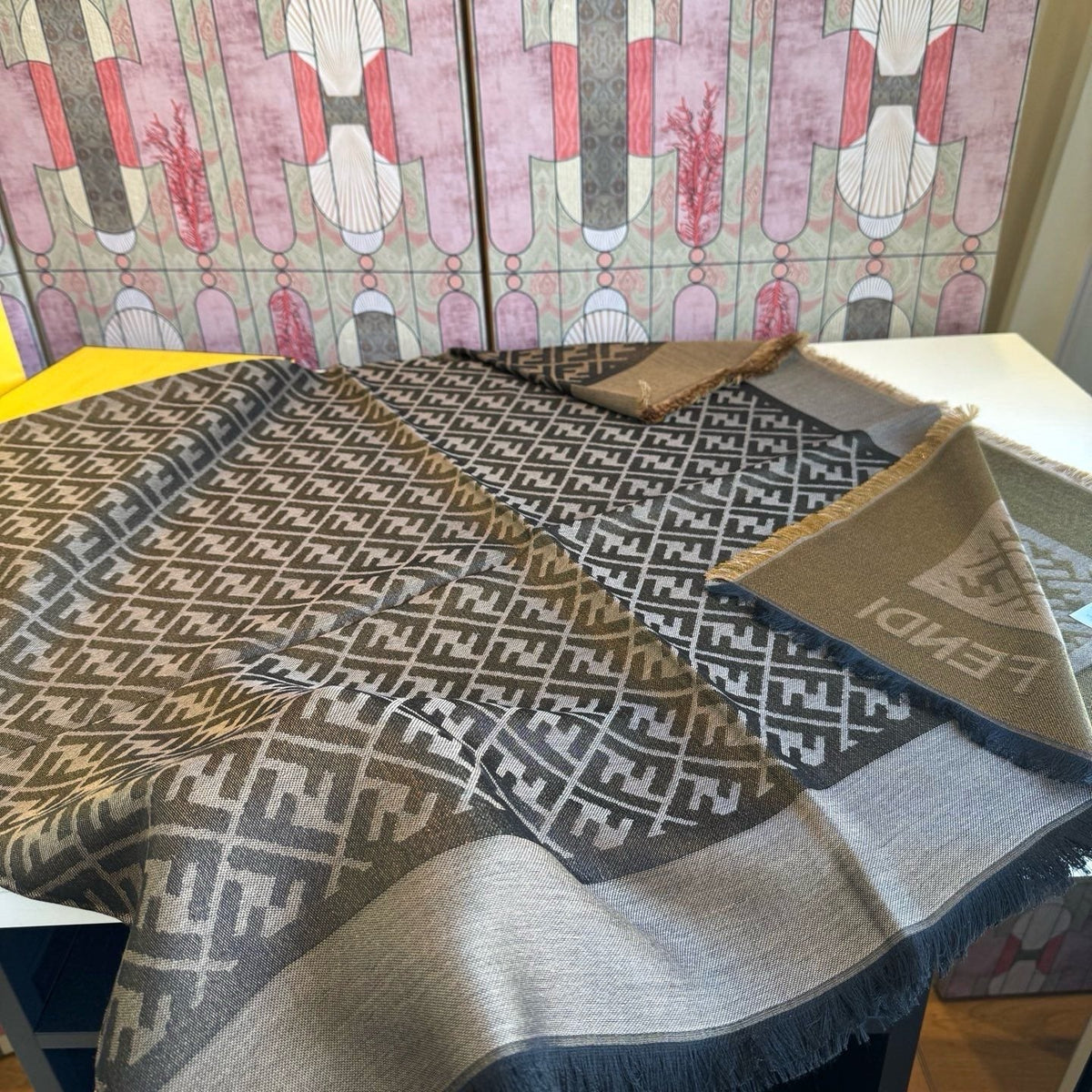 FENDI Fringed Geometric Monogram Scarf — front
