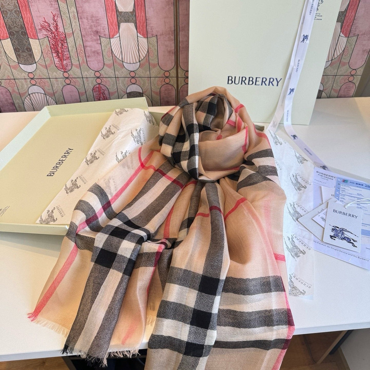 Burberry Camel Beige Plaid Scarf — side