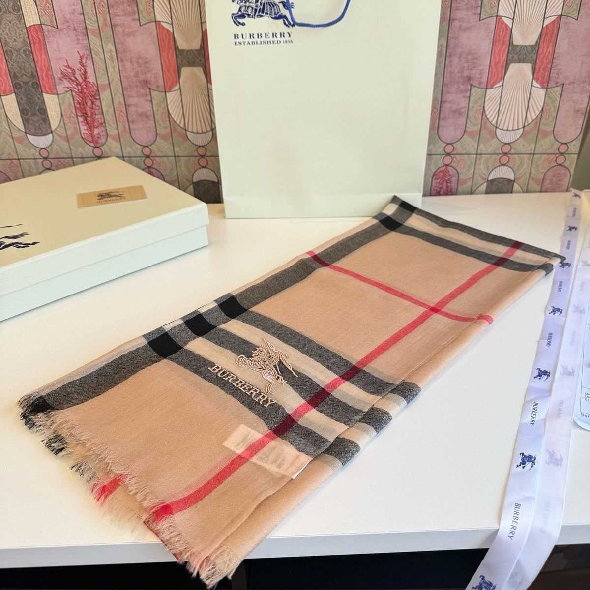 Burberry Camel Beige Plaid Scarf — front