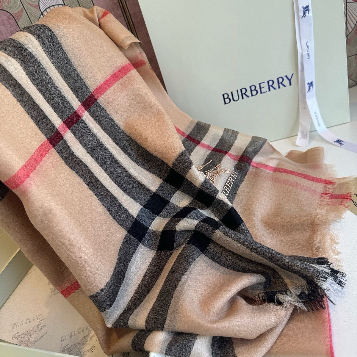 Burberry Camel Beige Plaid Scarf — side