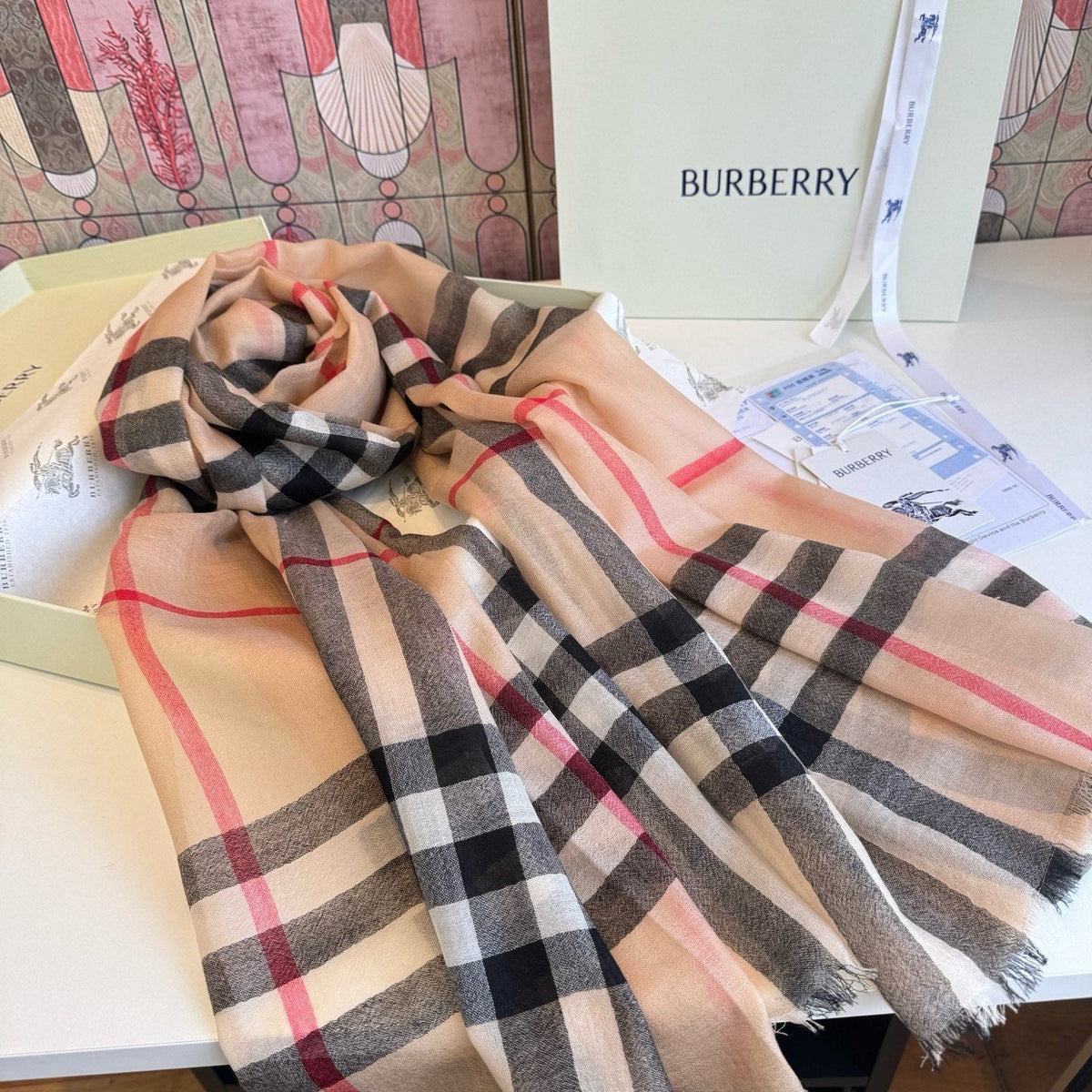 Burberry Camel Beige Plaid Scarf — side