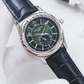 PATEK PHILIPPE Silver Black Green Dial Leather Strap Watch — hero