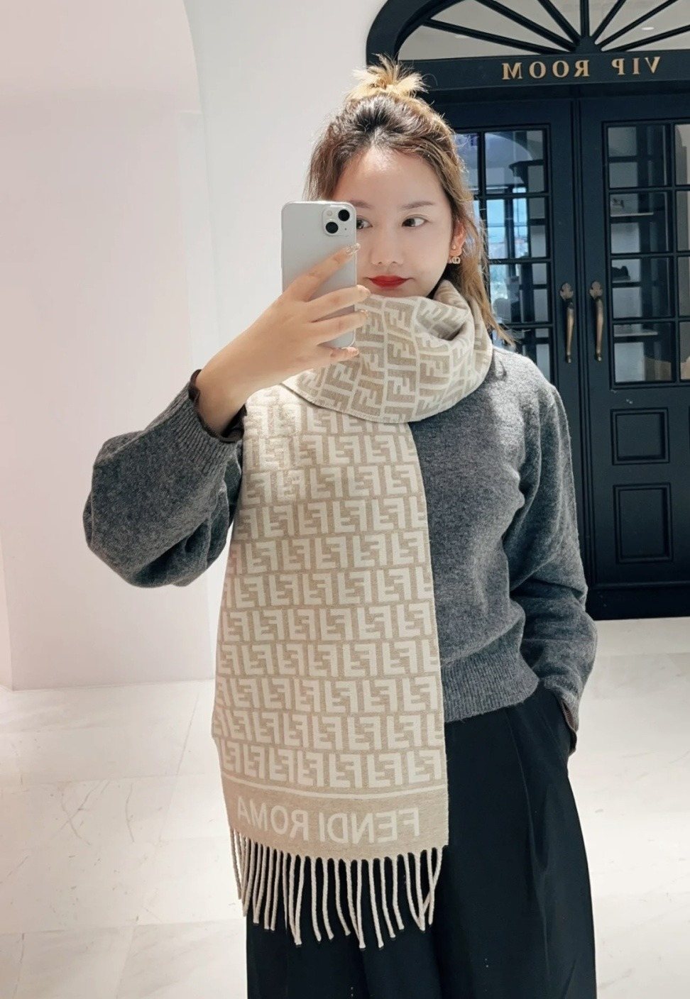 Fendi FF-Pattern Fringed Scarf — front