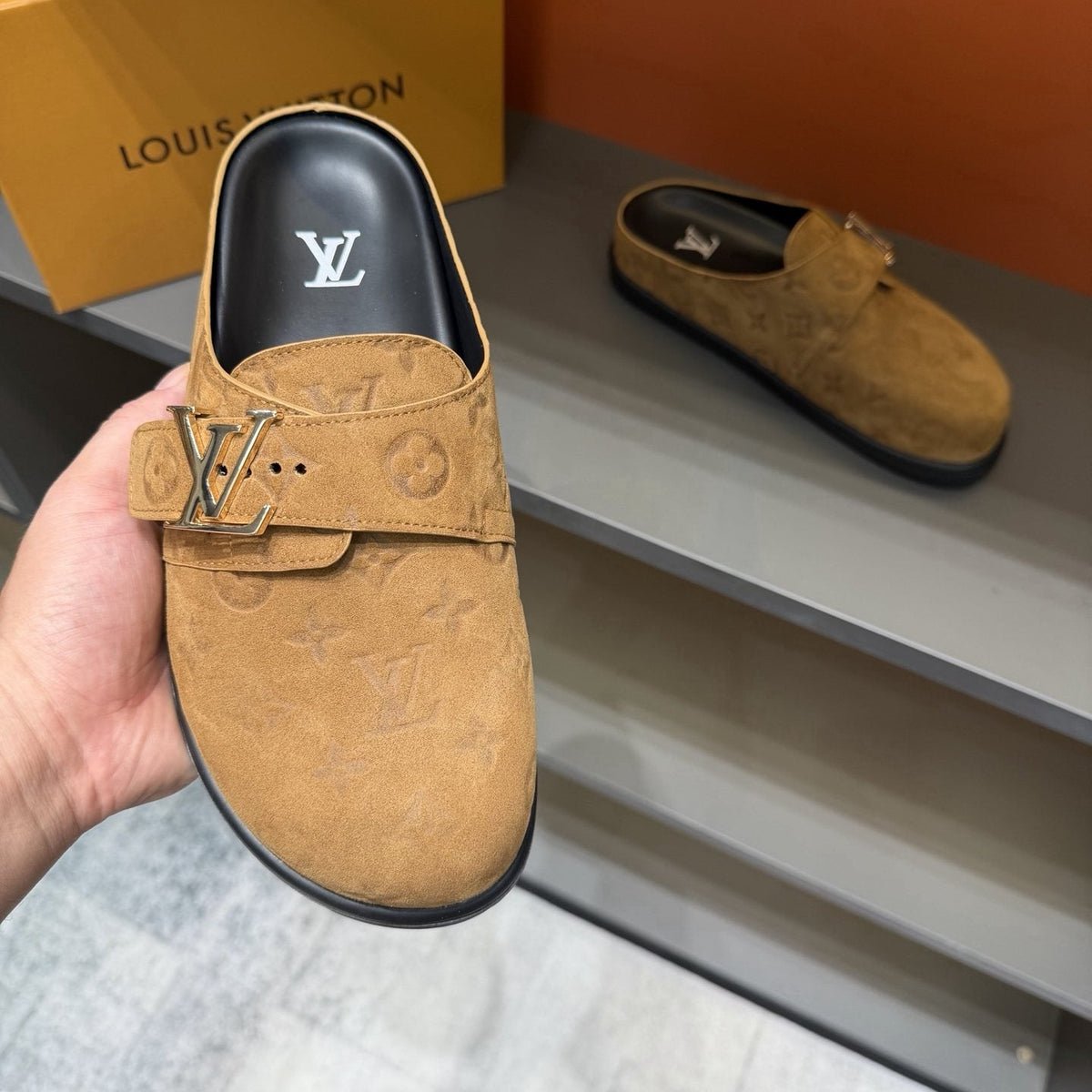 Louis Vuitton Monogram Buckle Slide Sandals — front