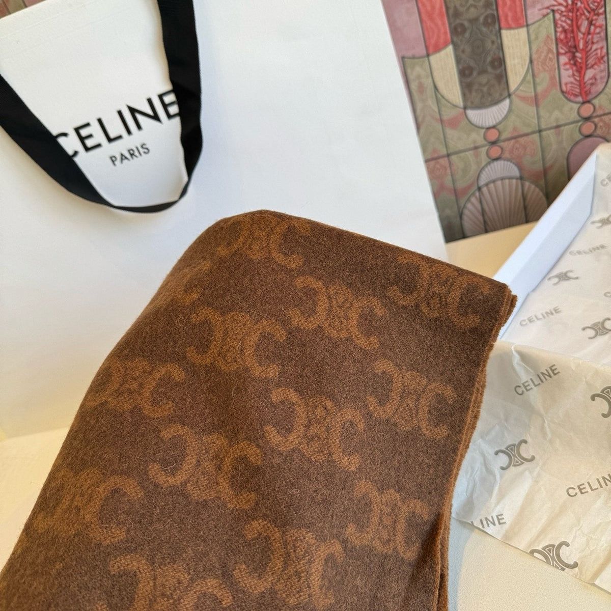 CELINE Brown Monogram Fringed Scarf — detail