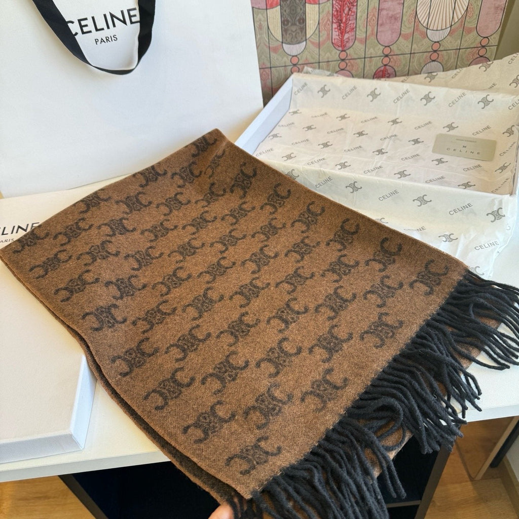 Celine Brown Patterned Fringed Scarf — front