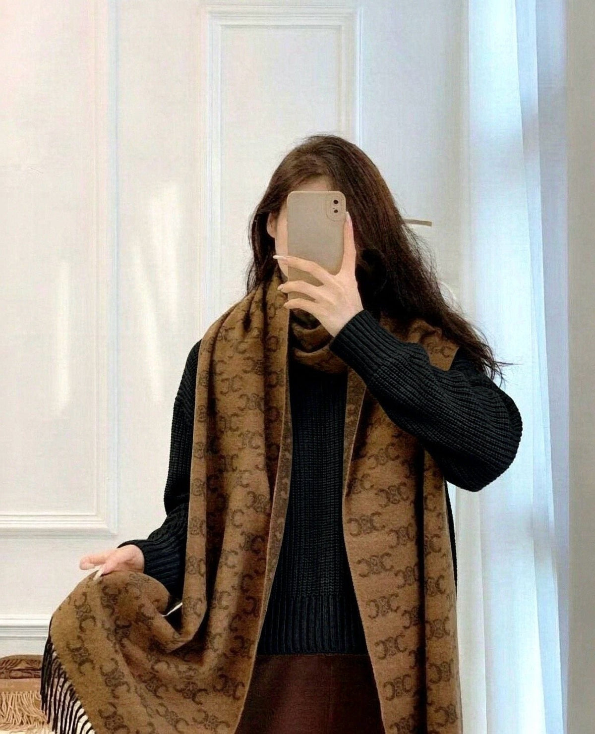 CELINE Brown Monogram Fringed Scarf — model