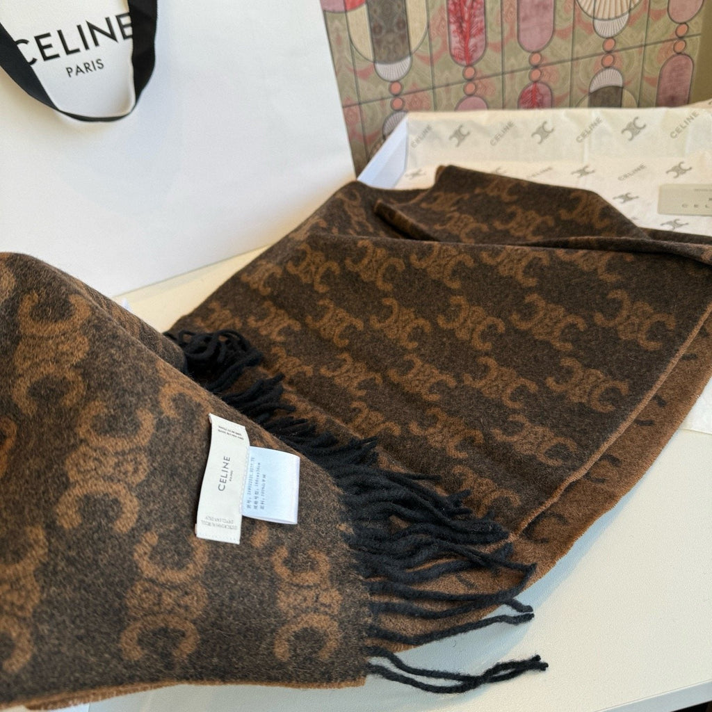 Celine Brown Patterned Fringed Scarf — front