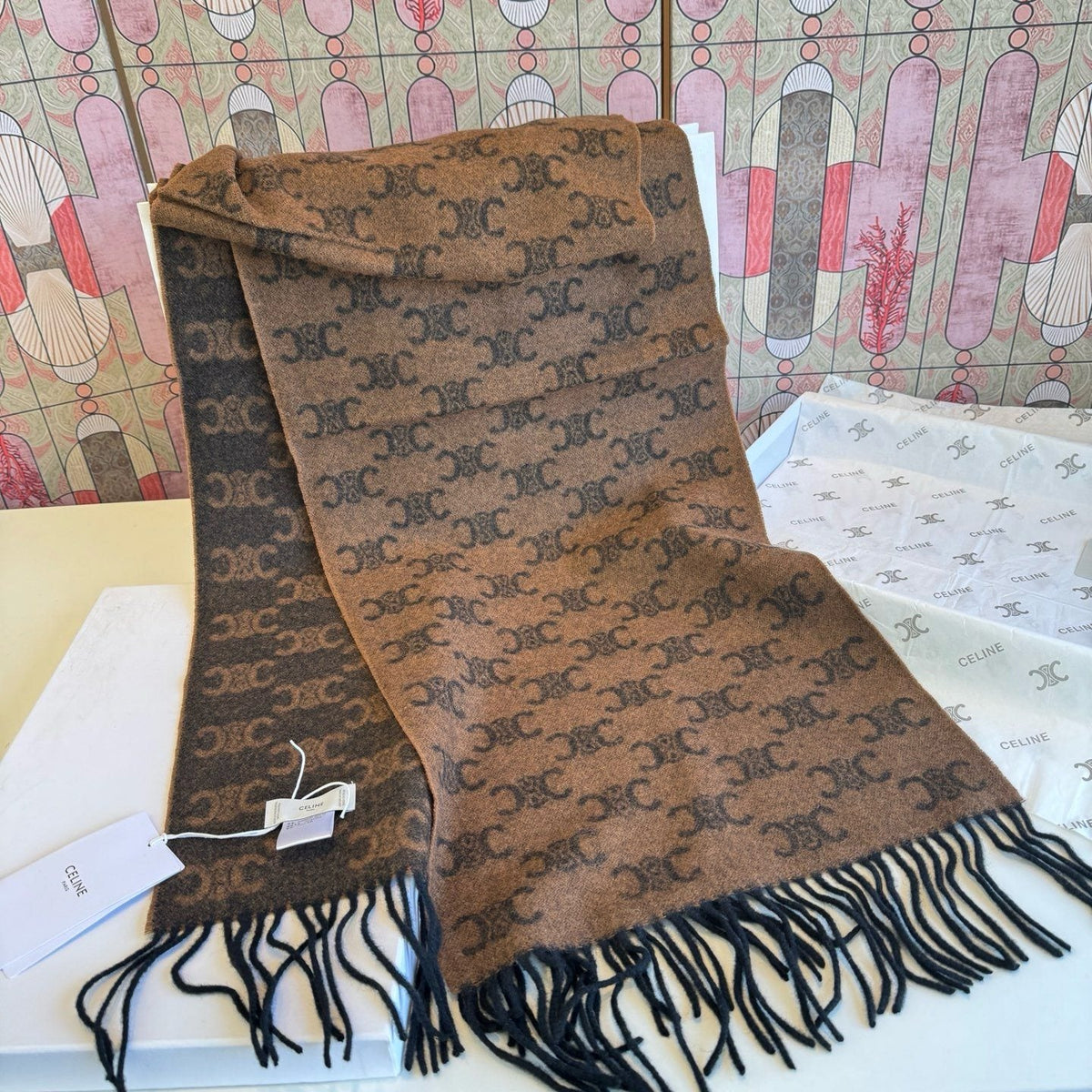 Celine Brown Patterned Fringed Scarf — front