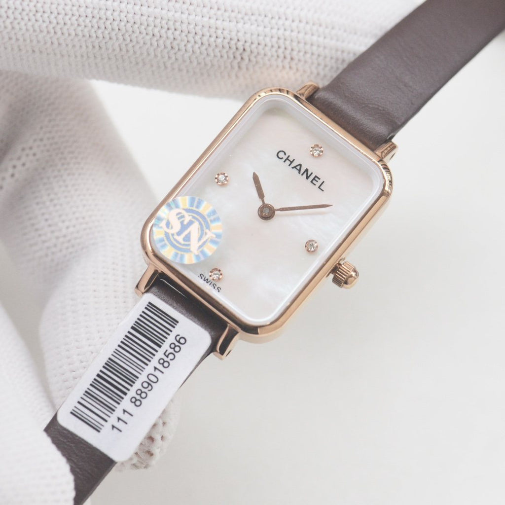 CHANEL Brown Rose Gold White Dial Leather Strap Watch — front