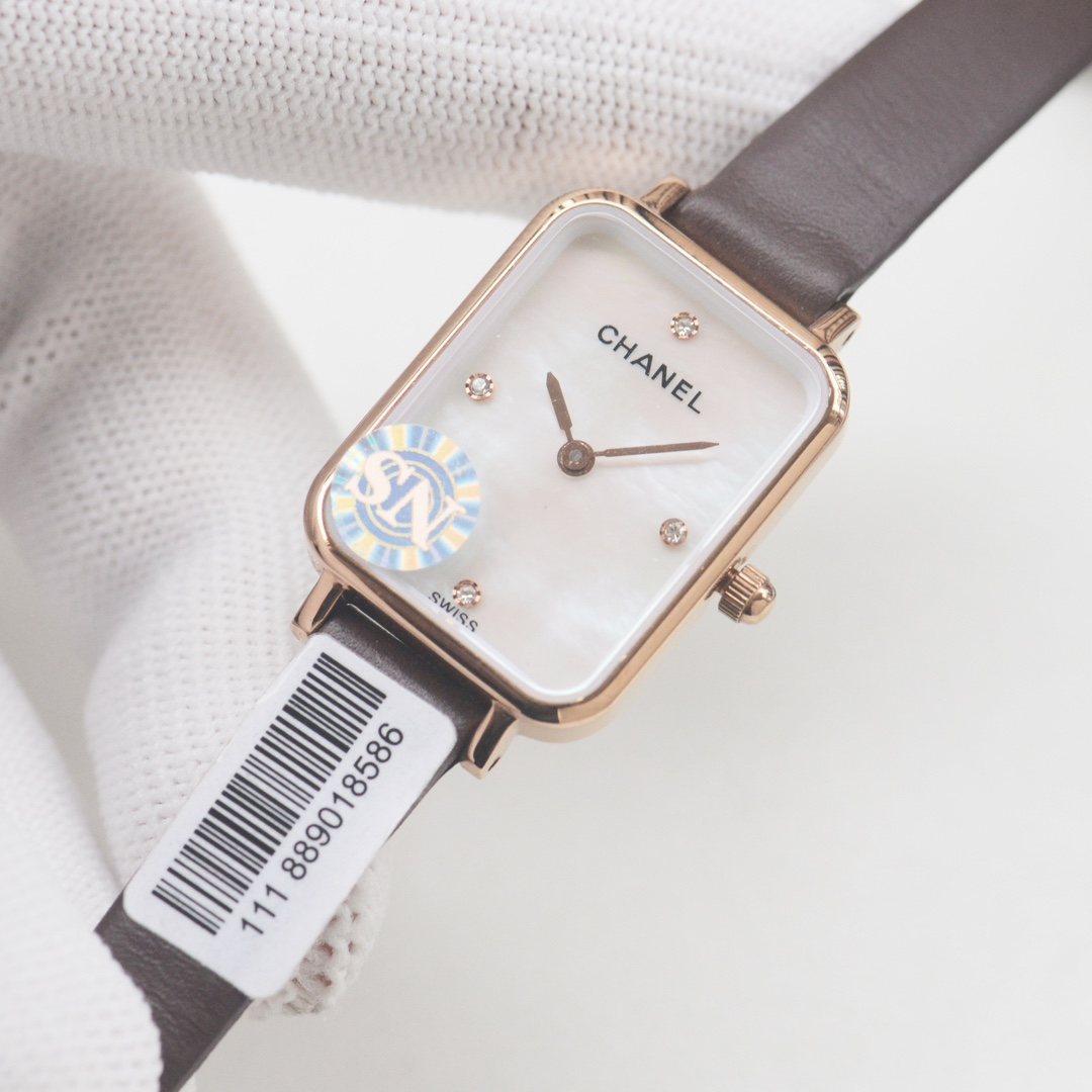 CHANEL Brown Rose Gold White Dial Leather Strap Watch — front