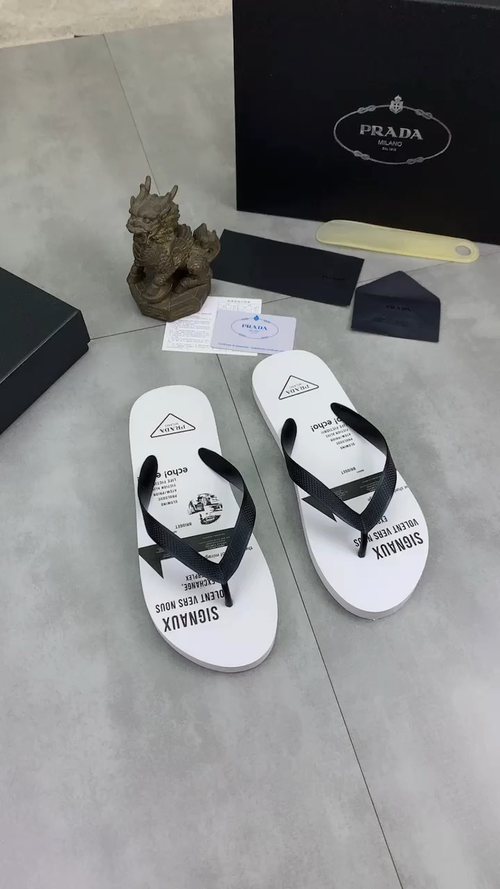 Prada Black Strap White Flip Flops — front