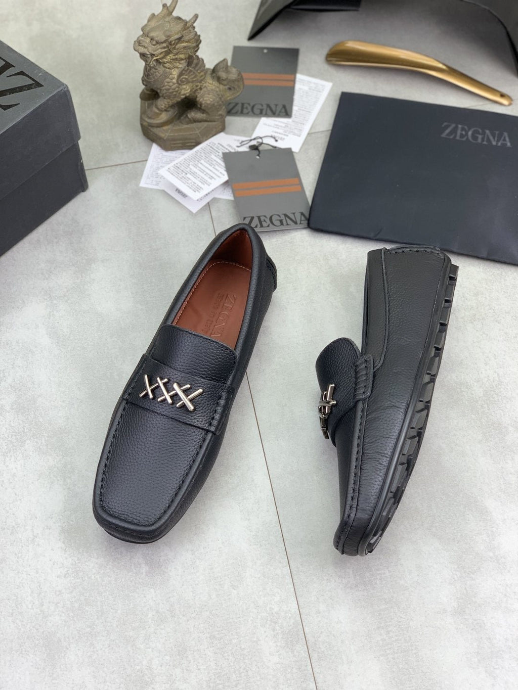 Zegna Square-Toe Leather Loafers with X Accents — side