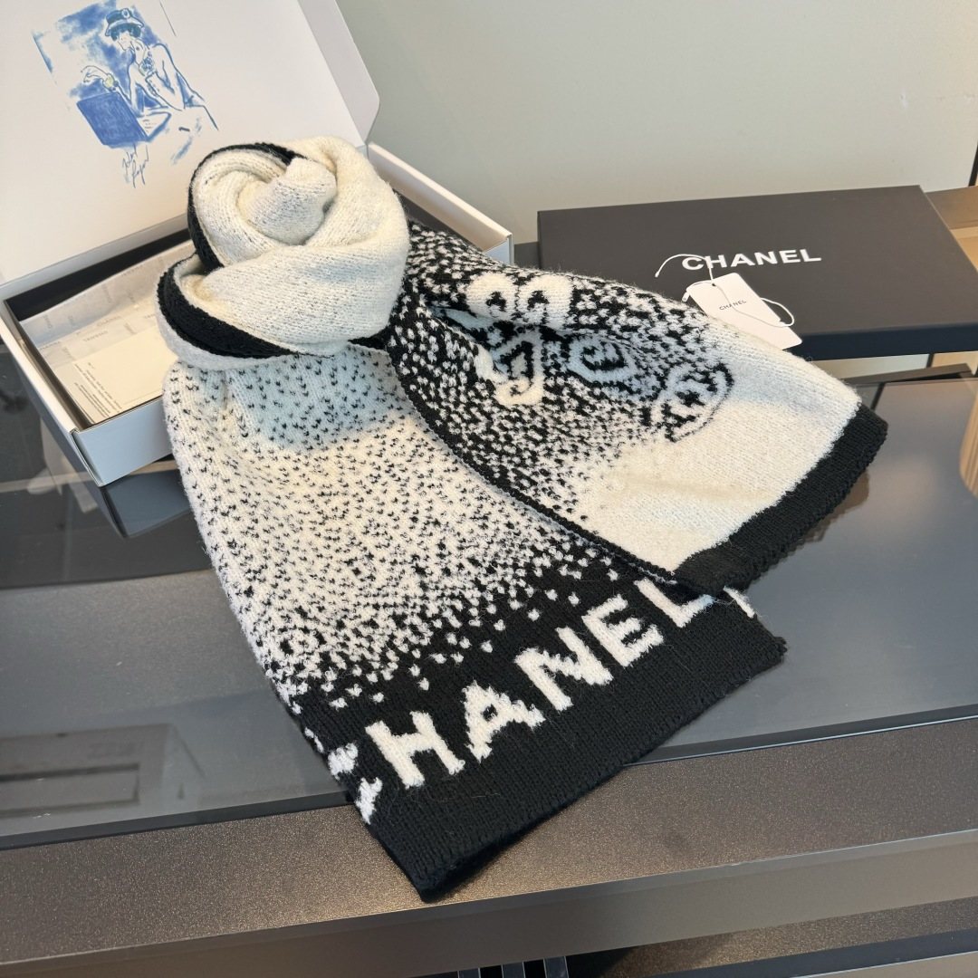 Chanel Black & Cream Logo Knit Scarf — hero
