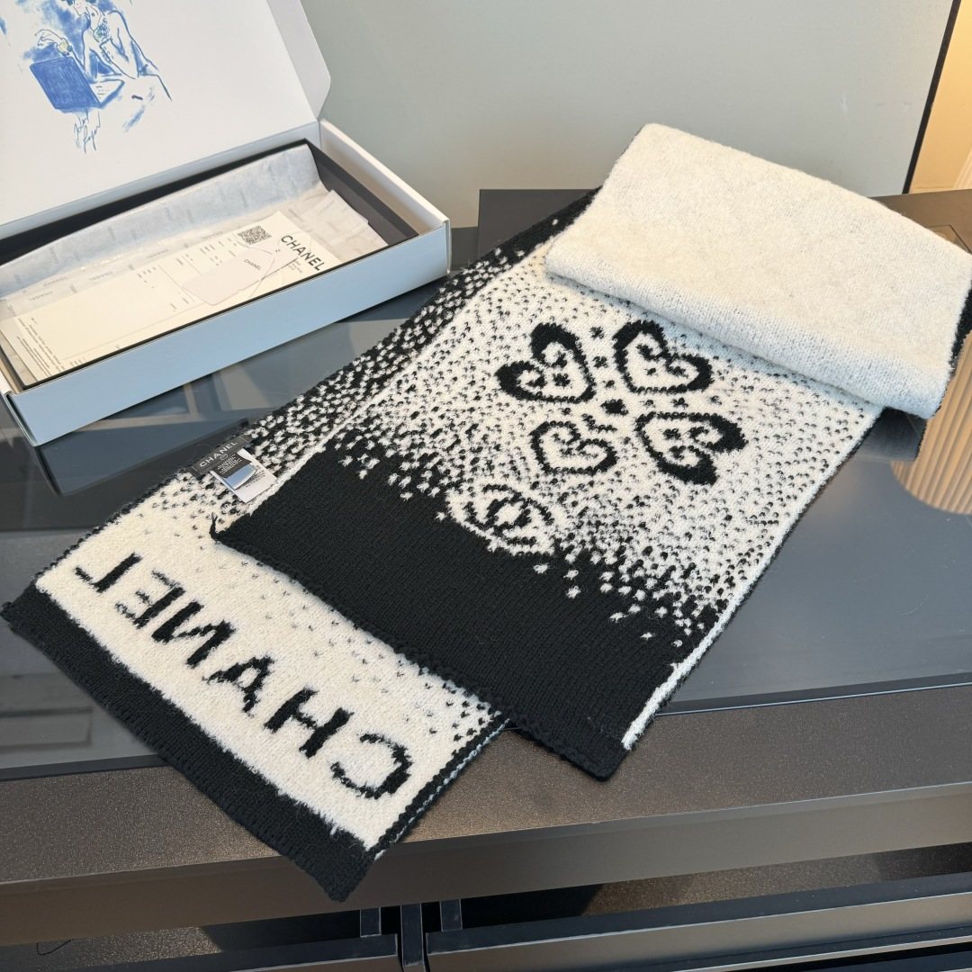Chanel Black & Cream Logo Knit Scarf — side