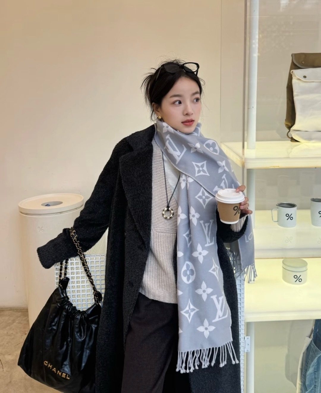 Louis Vuitton Monogram Fringed Scarf — model
