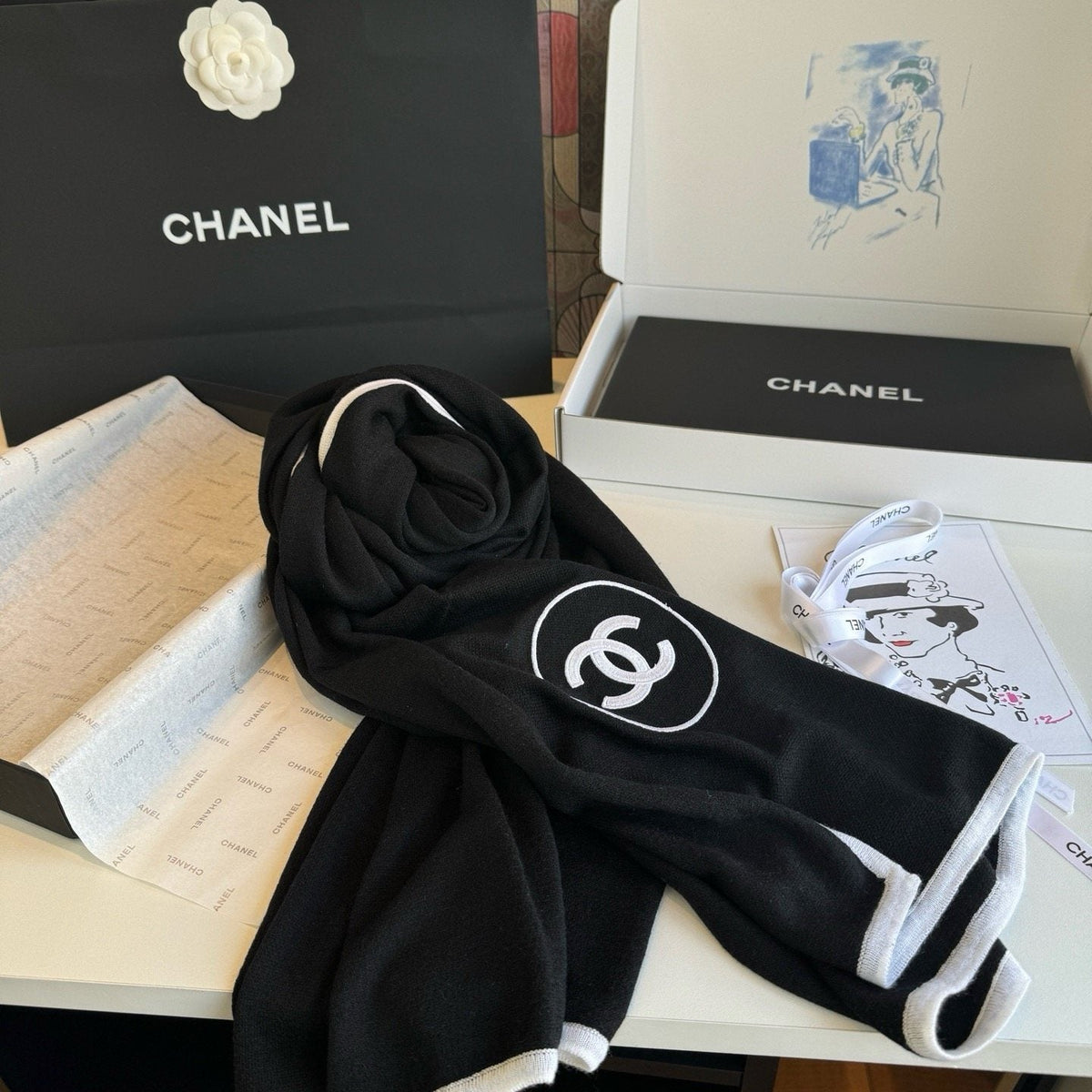 Chanel Contrast-Trim Logo Scarf — front