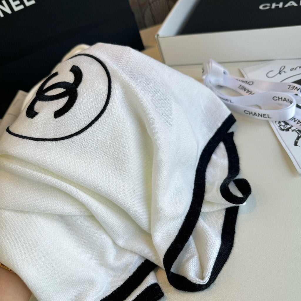 Chanel Contrast-Trim Logo Scarf — detail