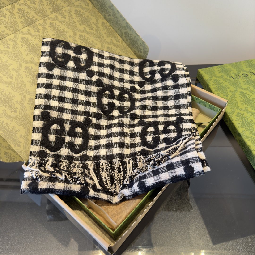 Gucci Black and White Check Fringe Scarf — front