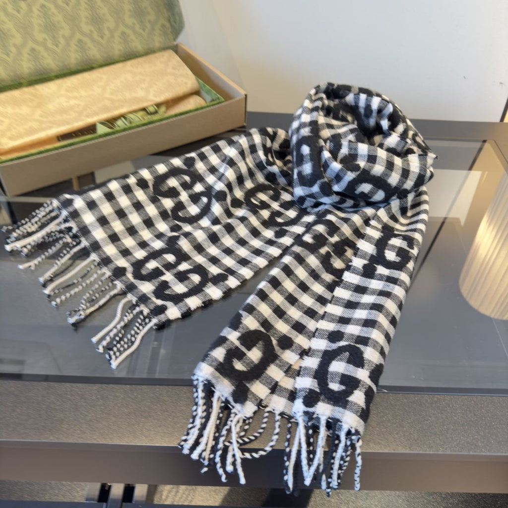 Gucci Black and White Check Fringe Scarf — front