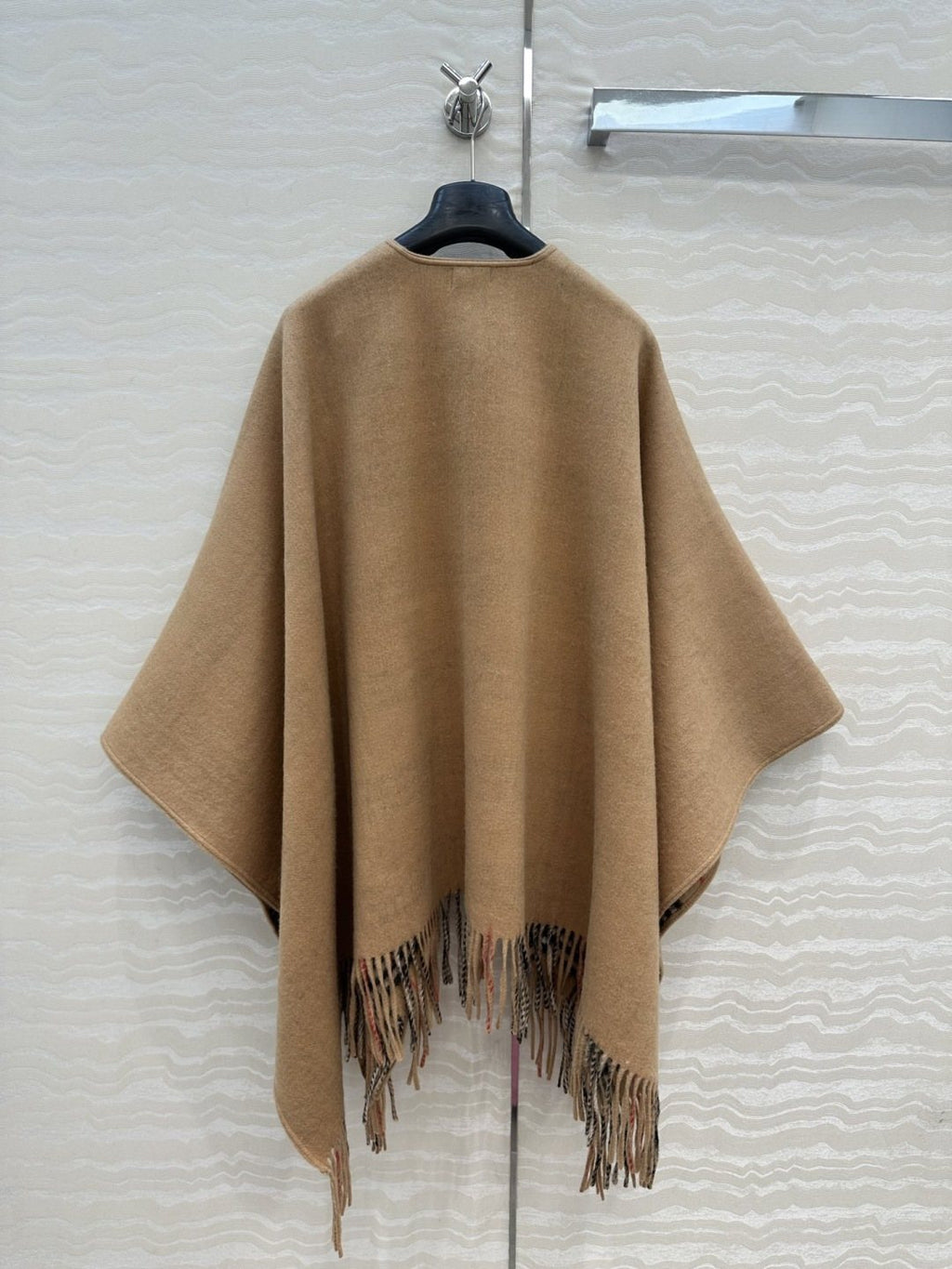 Fringed Plaid-Panel Poncho — back