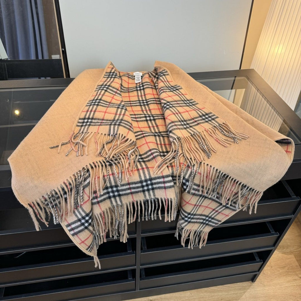 Black Reversible Plaid Fringed Poncho — front