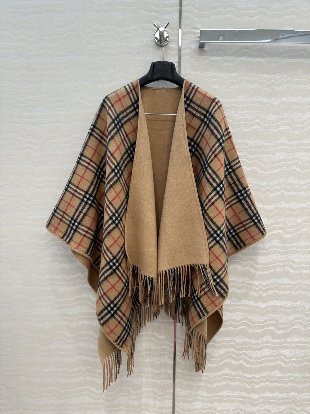 Fringed Plaid-Panel Poncho — front