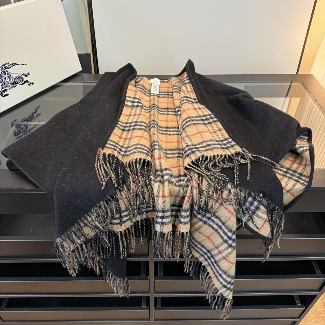 Fringed Plaid-Panel Poncho — front