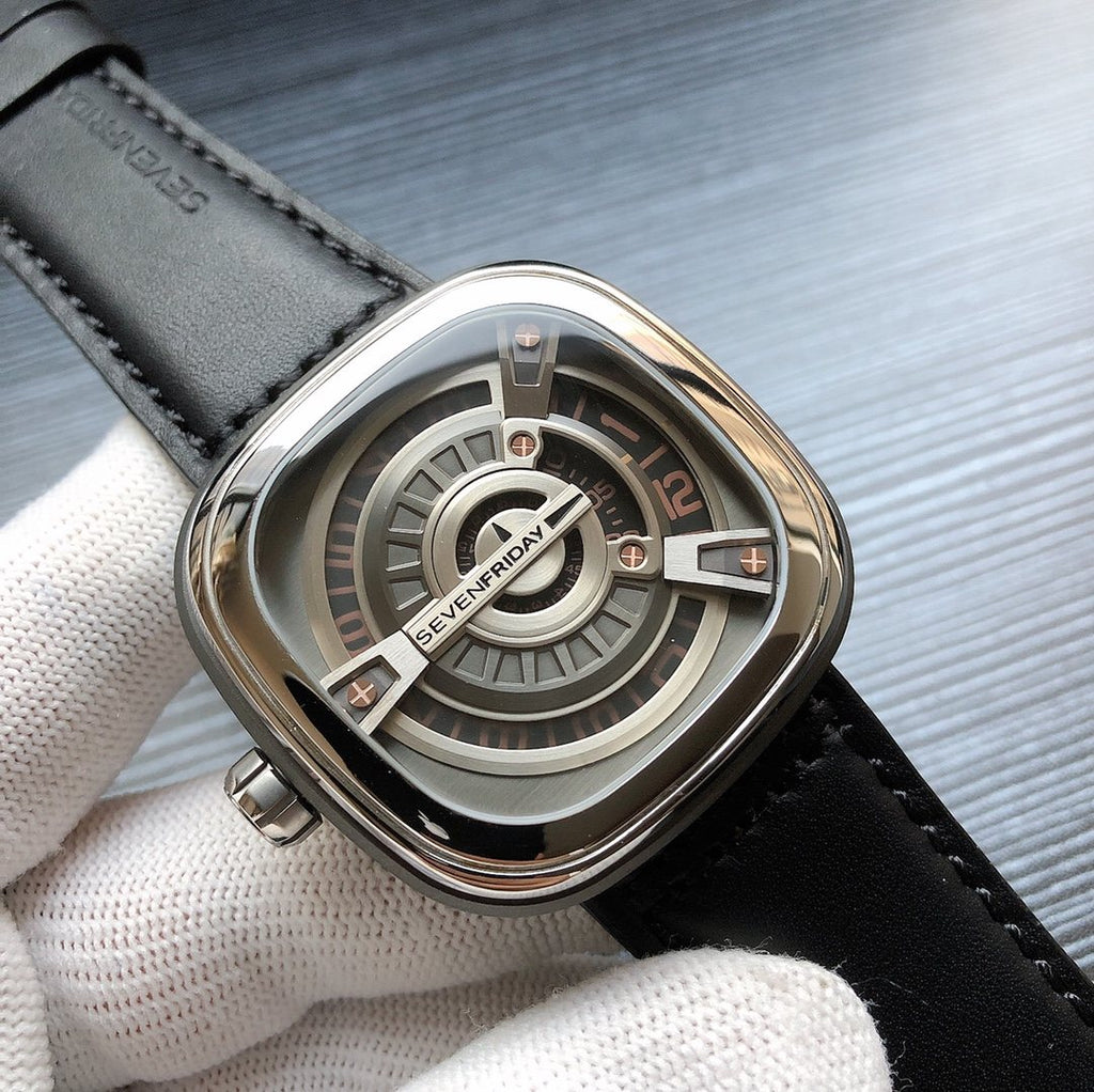 SEVENFRIDAY Black Silver Leather Strap Watch — front