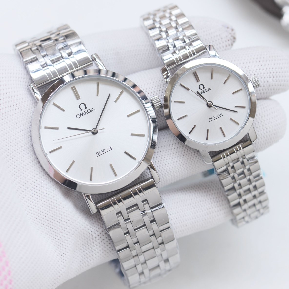 OMEGA Silver White Dial Bracelet Couple Watch Set — hero