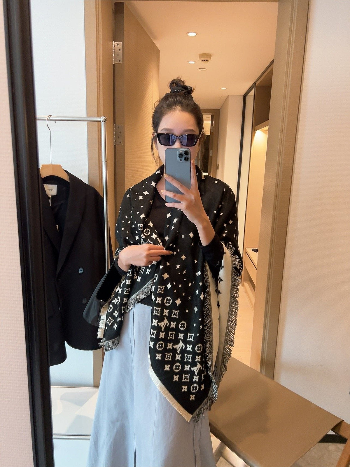 Louis Vuitton Starry Monogram Fringed Wrap — model