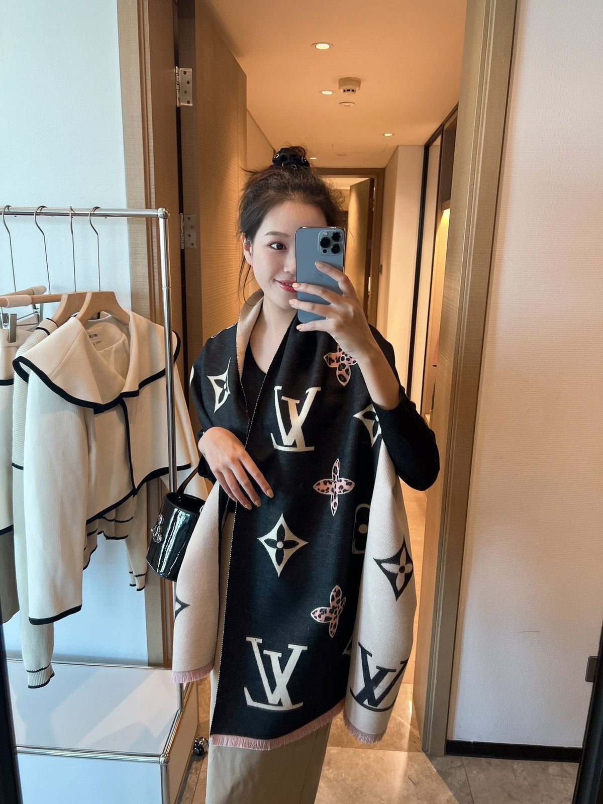 Louis Vuitton Monogram Fringed Scarf — model