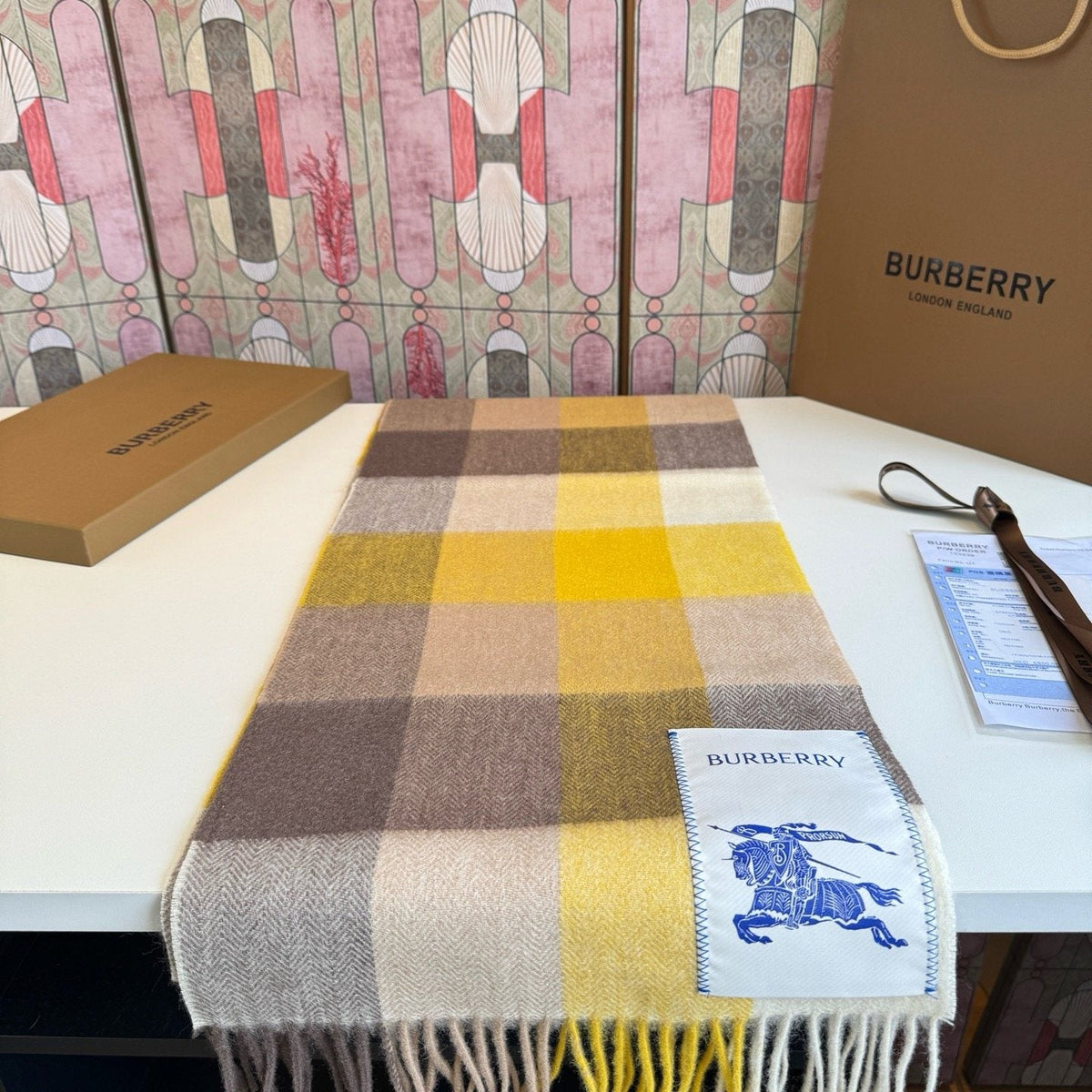 Burberry Yellow Brown Plaid Scarf — front