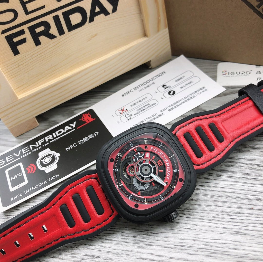 SEVENFRIDAY Red Dial Strap Watch — front