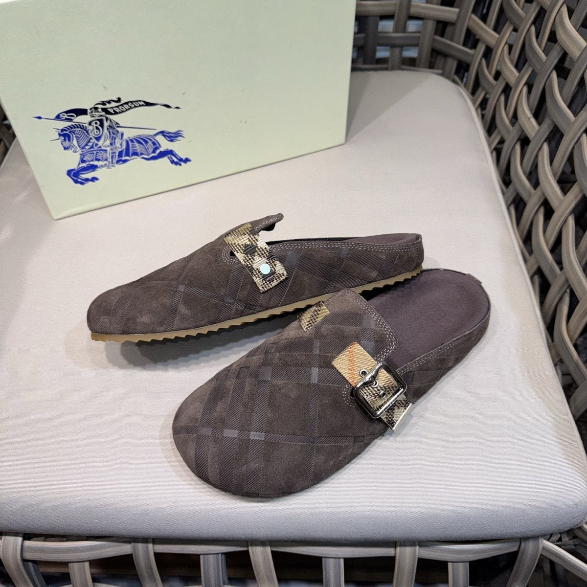 Burberry Patterned Buckle Mule Shoes — side