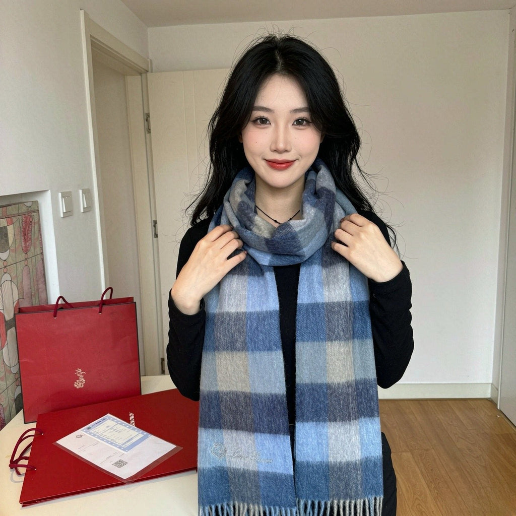 Loro Piana Pink Tan Lavender Plaid Scarf — model
